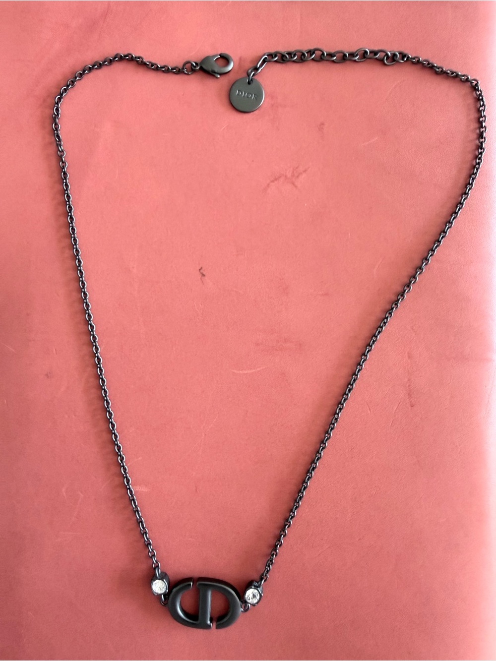 Dior Gunmetal CD Logo Necklace with Crystal Accents